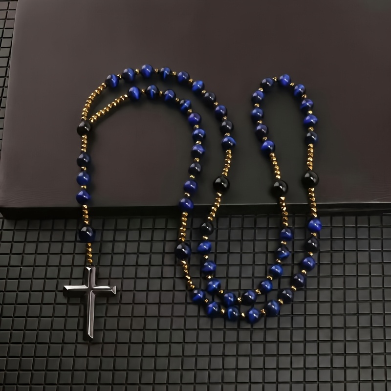 Blue Tiger Eye Cross Pendant Necklace, Unisex